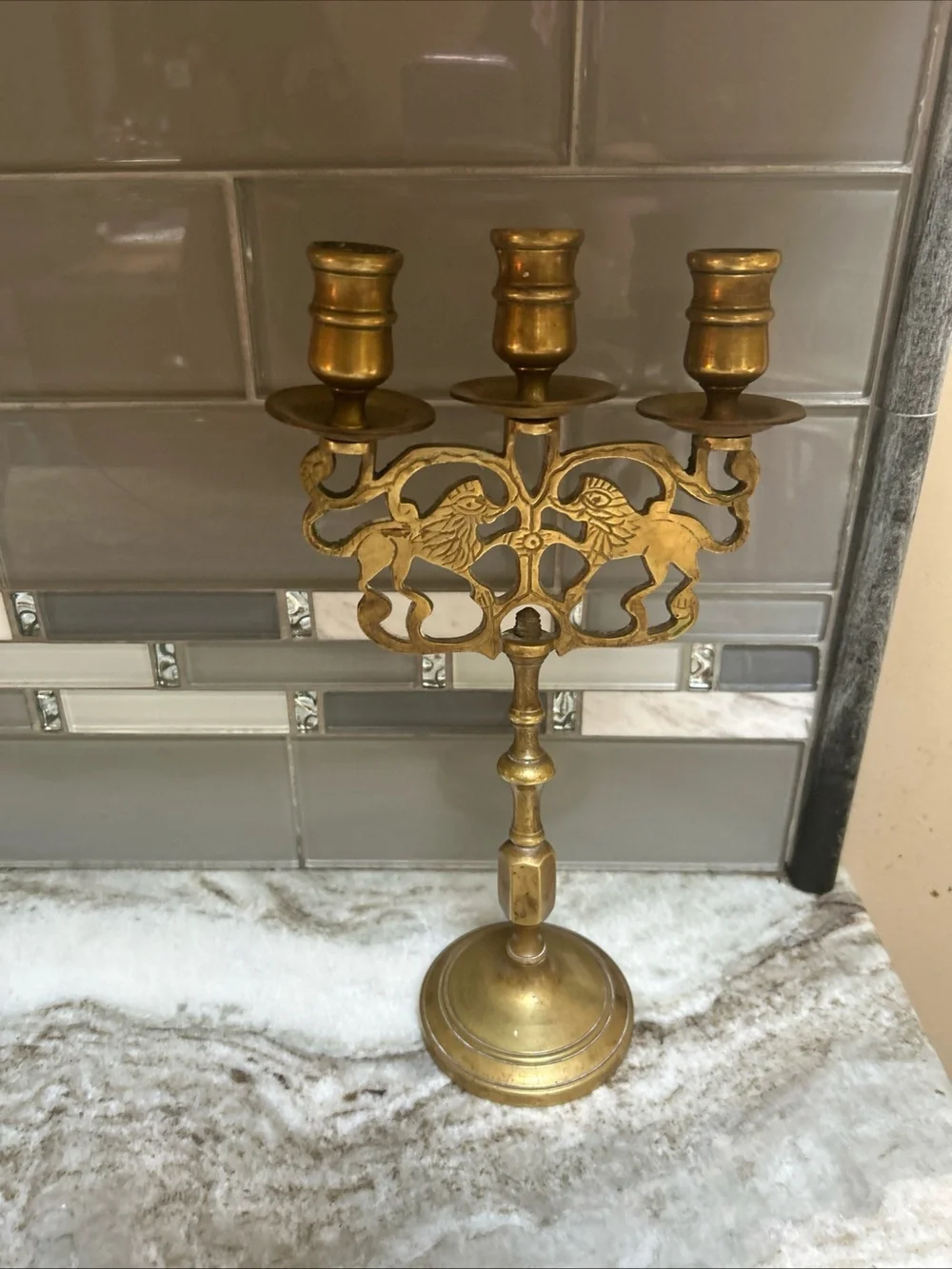 VTG “Lion Of Judah” Brass Three Armed Candelabra Candle Holder solid brass